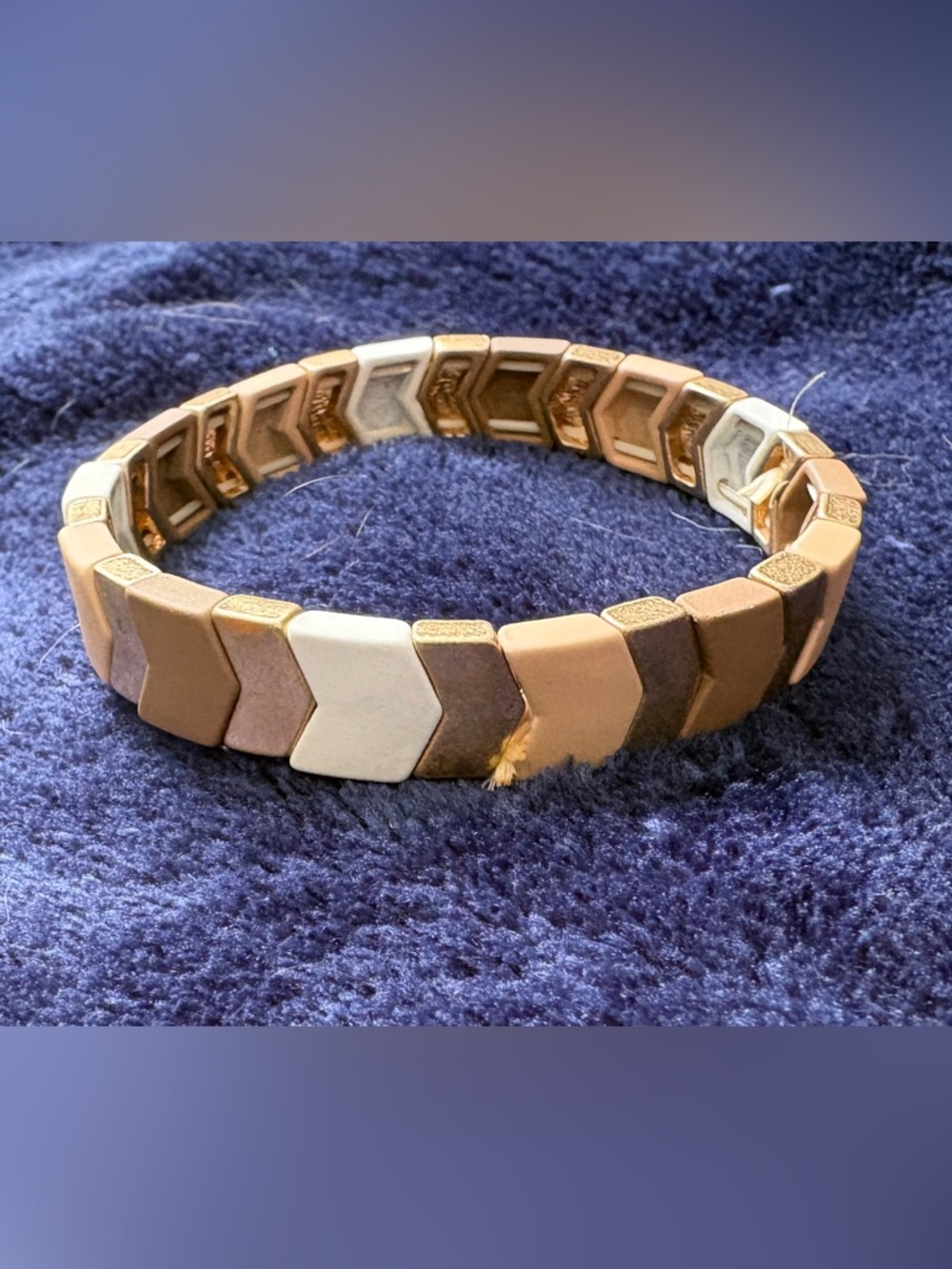 Multi-Tone Ceramic Chevron Stretch Bracelet - Brown, White, Tan, Gold
